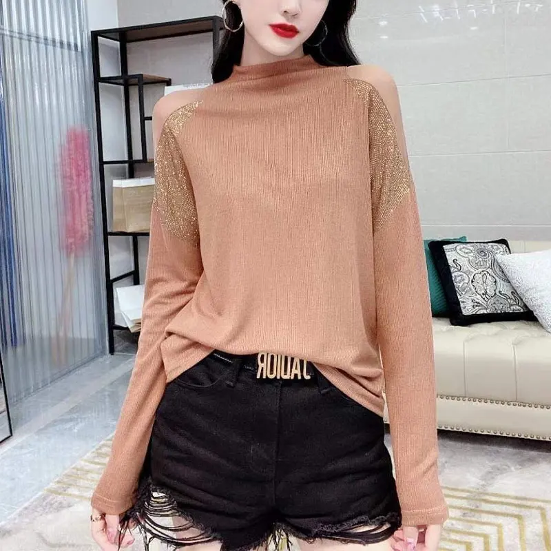 Fashion Gauze Spliced Diamonds T-shirt Women\'s Clothing Basic Solid Color Korean Autumn Winter Casual Half High Collar Pullovers