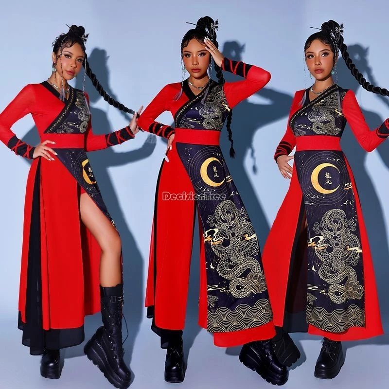 

2025 китайские улучшенные ретро модные женские костюмы для джазовых танцев, костюмы с перекрестным воротником, лоскутный дизайн, комплект танцевальных костюмов для выступлений