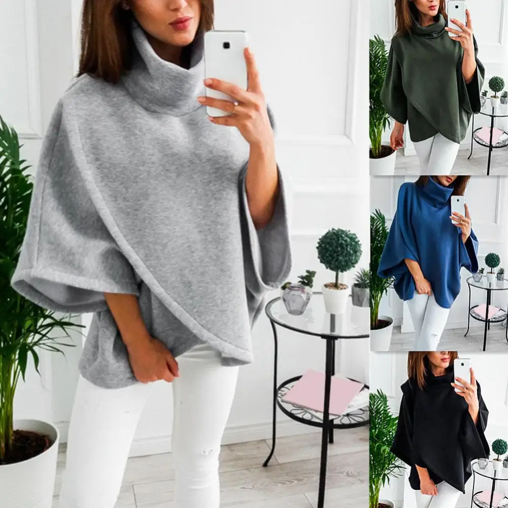 

Women's High Neck Casual Bat Sleeve Capes Fashion Women Batwing Crossed Poncho Winter Warm Coat Cloak Cape Casual Women's Blouse