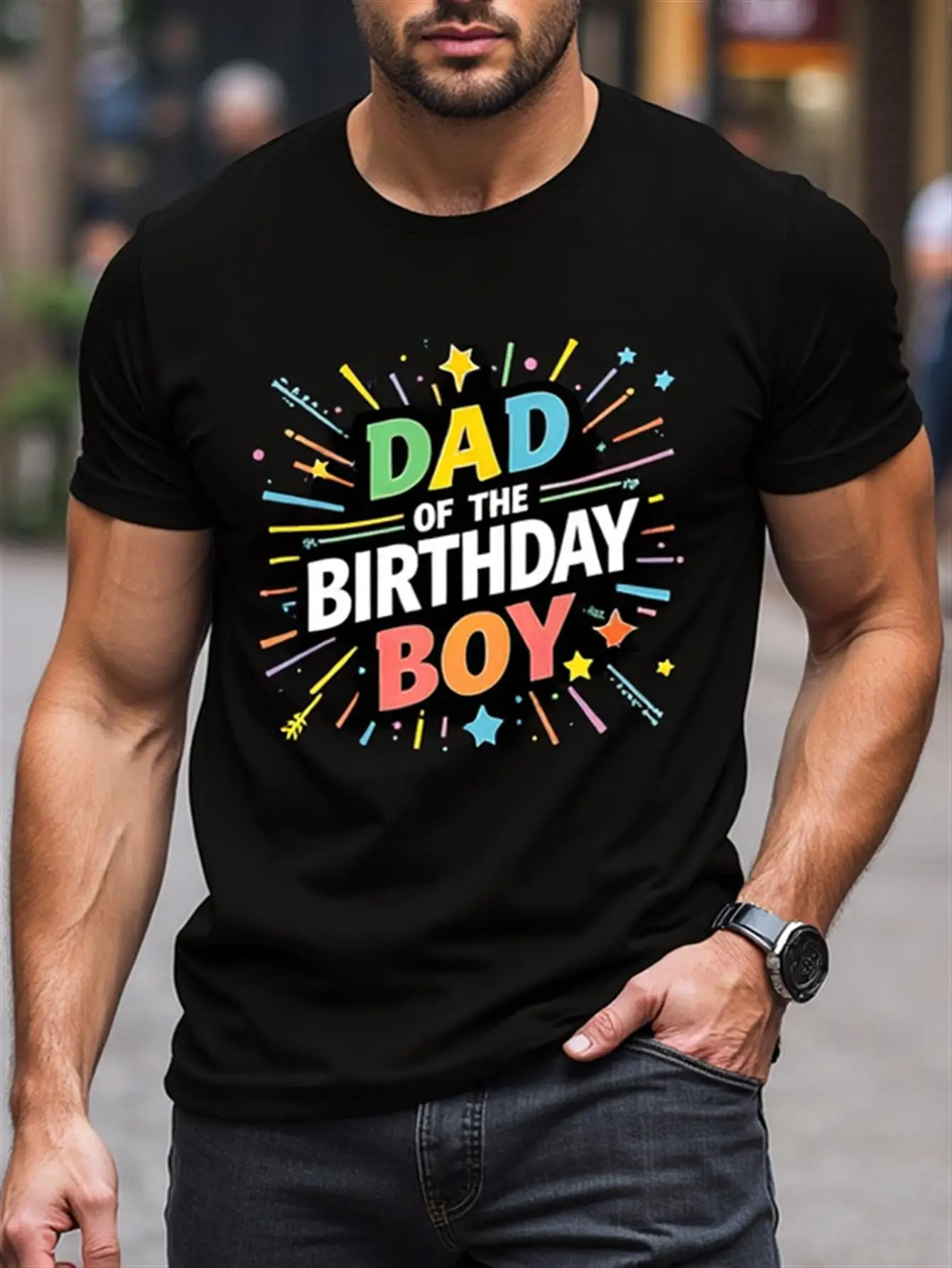 

Men's Birthday Boy Dad T-Shirt with Bright Confetti and Star Pattern, Eye-Catching Birthday Text, 100% Cotton Casual Crew Neck Short Sleeve Top Suitable for Birthday Party Outfit, Father's Day Gift and Celebrations, Machine Washable, Outdoor