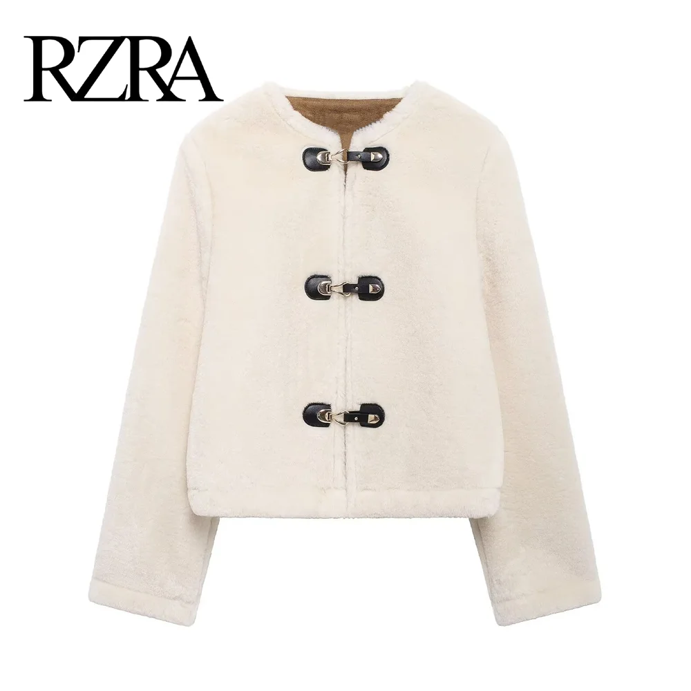 RZRA2024 autumn and winter new women's round neck double-sided knot buckle decorated fur jacket comfortable and versatile