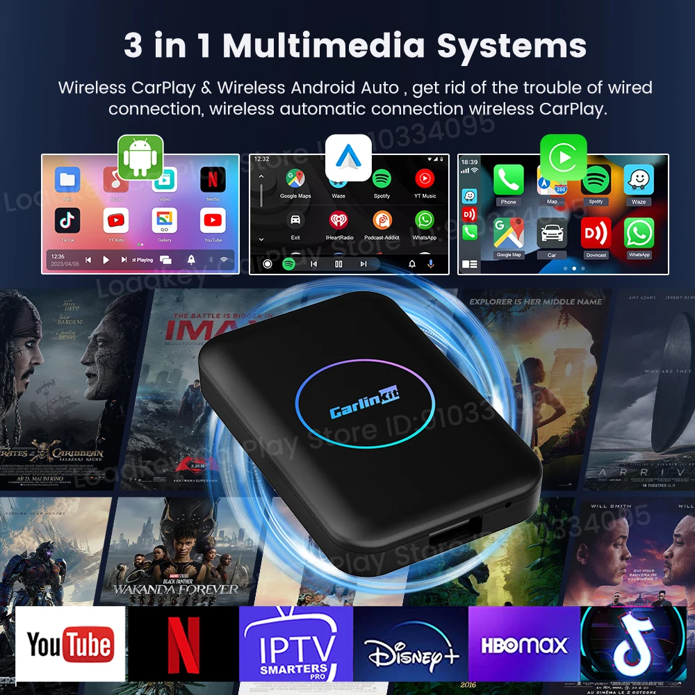 Carlinkit 무선 카플레이 Ai 박스, 안드로이드 오토, 안드로이드 10, 4 코어 CPU, 32GB, 와이파이 지원, 지지대, IPTV, 유튜브