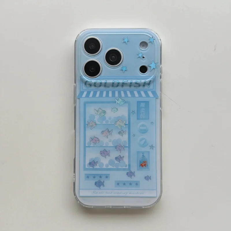 Blue Goldfish Vending Machine Print Clear Phone Case For IPhone 17 16 15 Pro Max Cute Japanese Style Shockproof Protective Cover