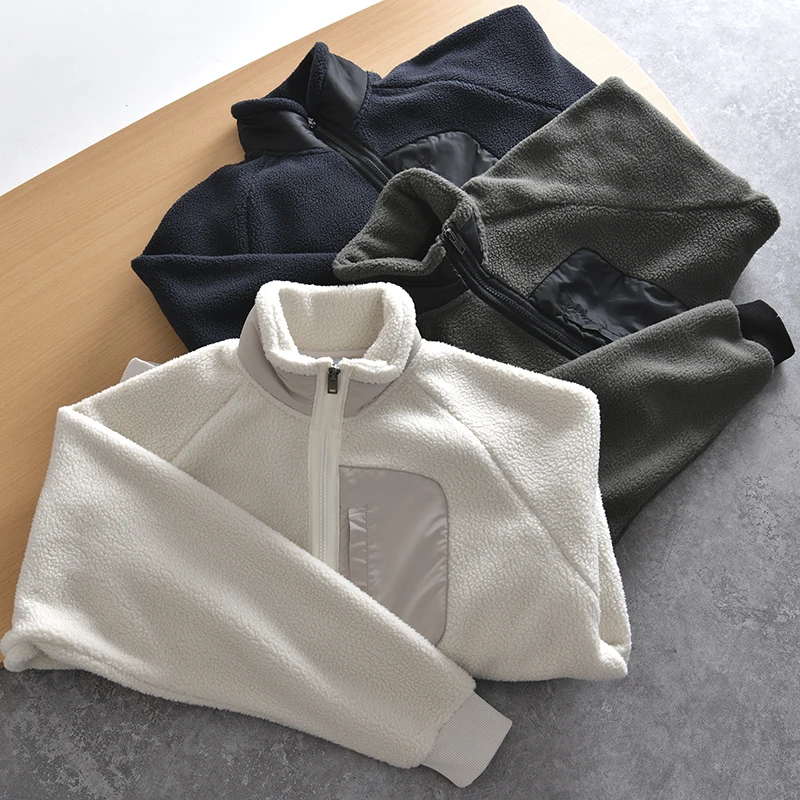 Heat Energy Fleece Lined Stand Collar Lamb Velvet Jacket Outerwear for Youth Autumn Winter Thickened Long Sleeve Zipper Jacket