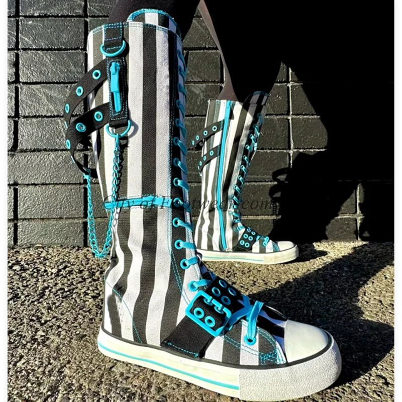 

2025 Новые парусиновые сапоги до колена на шнуровке для девочек с металлической цепочкой, мягкие длинные ботинки большого размера, дизайнерские модельные туфли Лолиты для косплея