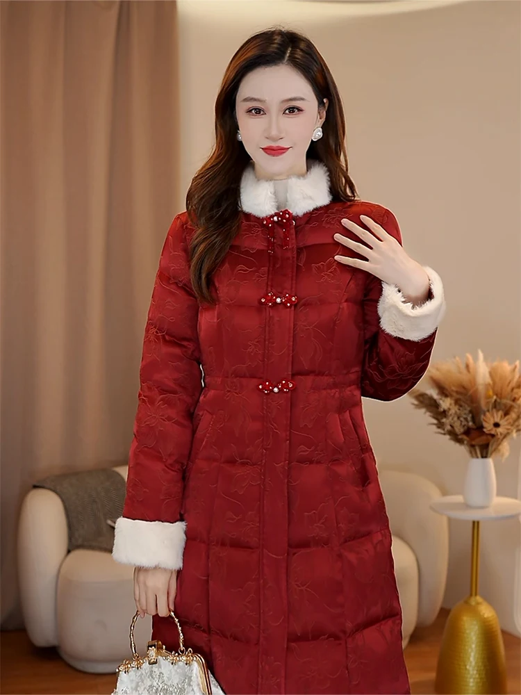 

Новая китайская утепленная длинная пуховая куртка для женщин Xipu, стеганое пальто для свекрови, теплое, с цветочным узором, на молнии