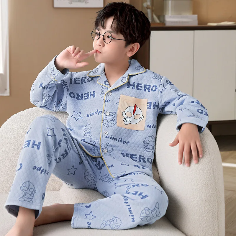 Ultraman Superman autumn and winter air cotton interlayer warm children's pajamas boys long cardigan loungewear set