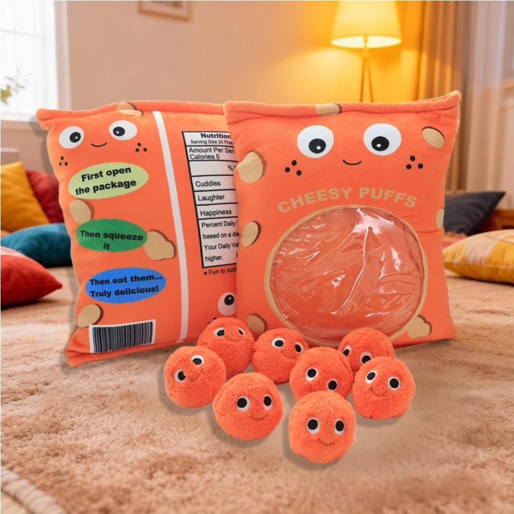 

Cartoon Puff Snack Bag Plush Pillow Orange Creative Stuffed Toy Cute Kawaii Doll Decor Boys Girls Kid Room Holiday Birthday Gift