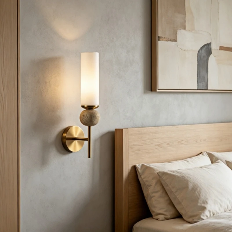 Modern Natural Travertine Wall Light Luxury Gold Brass Sconce With White Opal Glass Shade For Indoor Living Room Bedroom Decor