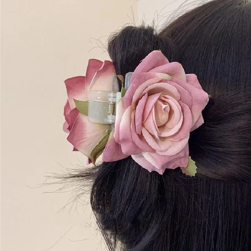 Rose Flower Hair Claw Handmade Fabric Flowers Grab Hair Clip Sweet Shark Clip Hair Accessories For Women