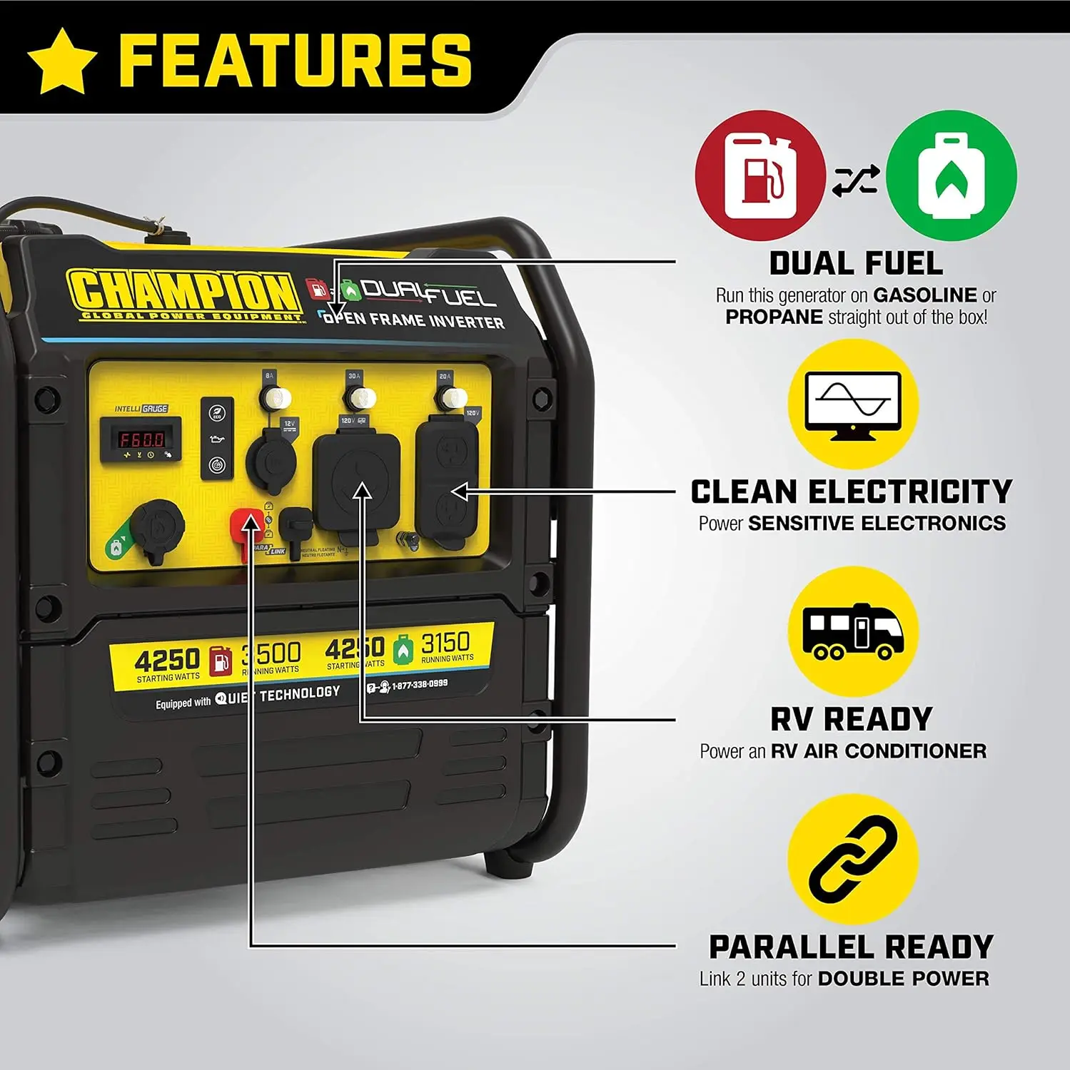 Ausrüstung 4250 Watt Dual Fuel RV Ready tragbarer Open-Frame-Wechsel richter generator mit leiser Technologie