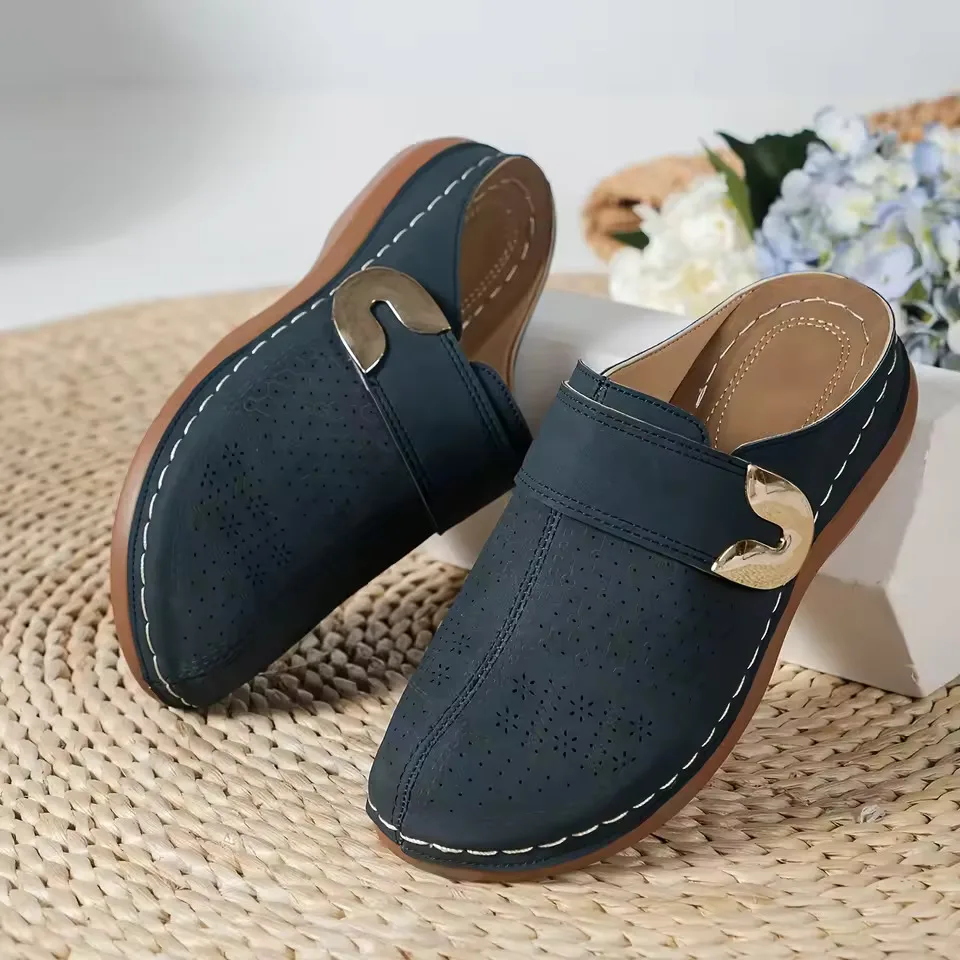 

Women's Comfort Mules Slip On Shoes, Hollow Out Non-Slip Flat Loafers, Casual Breathable Closed Toe Backless Slippers For Work Office Walking