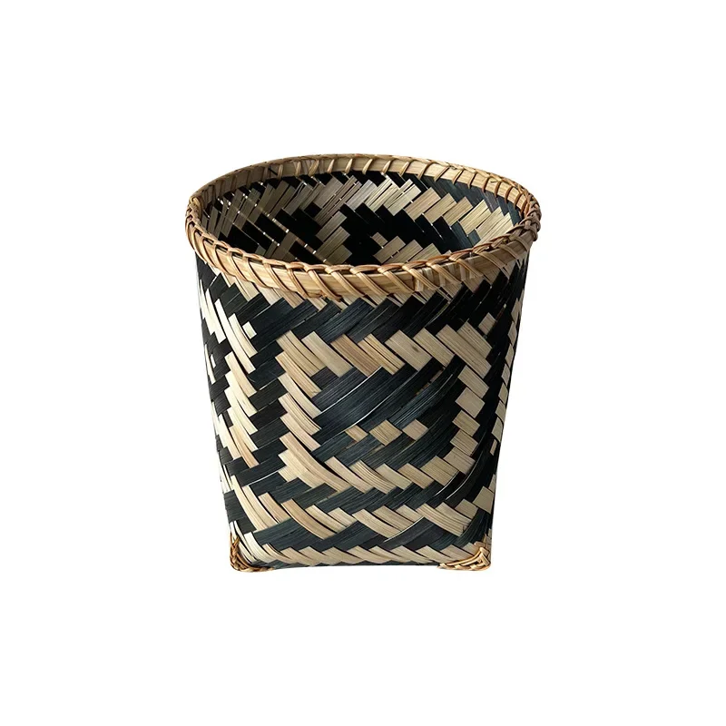 Multipurpose Handmade Bamboo Woven Trash Can and Storage Basket with Illustration Design for Home Office Bedroom Study Room