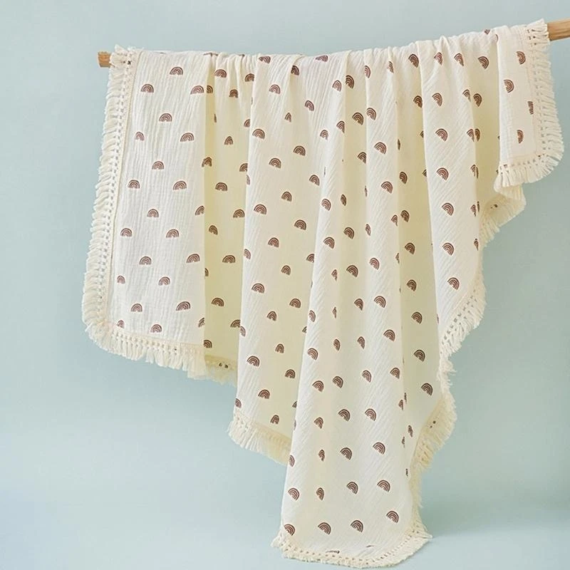 J15U 110x110cm babydeken katoenen doeken wrap zacht en ademend kinderwagens cover schattig bedrukt levering deken met franje