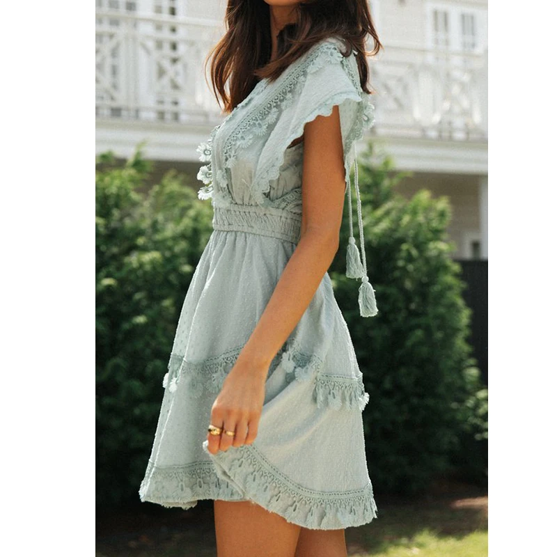 Mini abito estivo da donna Sexy manica corta a pipistrello Bohemian Vestito estivo da donna Profondo scollo a V in pizzo Backless Nappa Boho Abiti corti