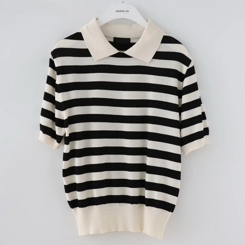 2024 Summer Korean Striped Knitted Tops T-shirts Women Short Sleeve Turn-down Collar Fashion Office Casual Female Tees T Shirts