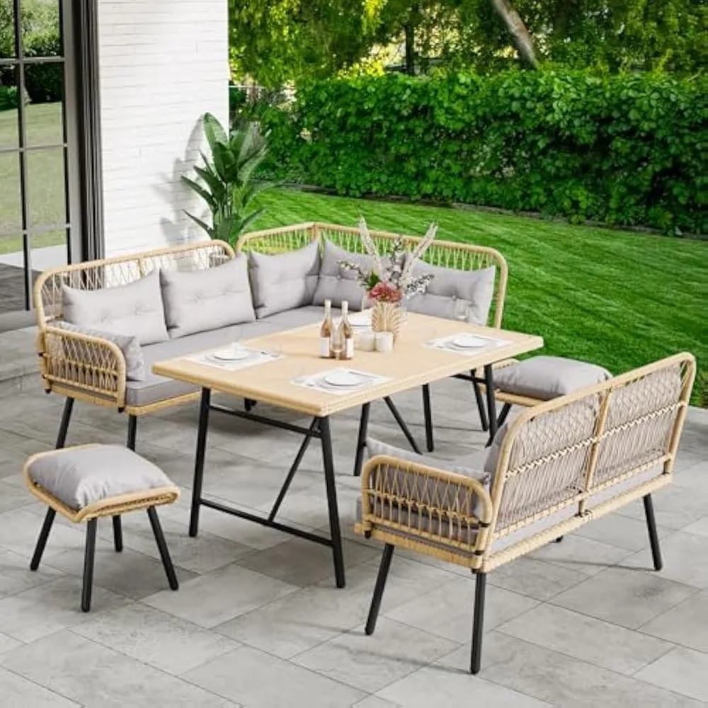 

Outdoor Patio Wicker Conversation Furniture Set with Plastic Wood Dining Table, L-Shaped Wicker Sofa Set for Backyard Deck