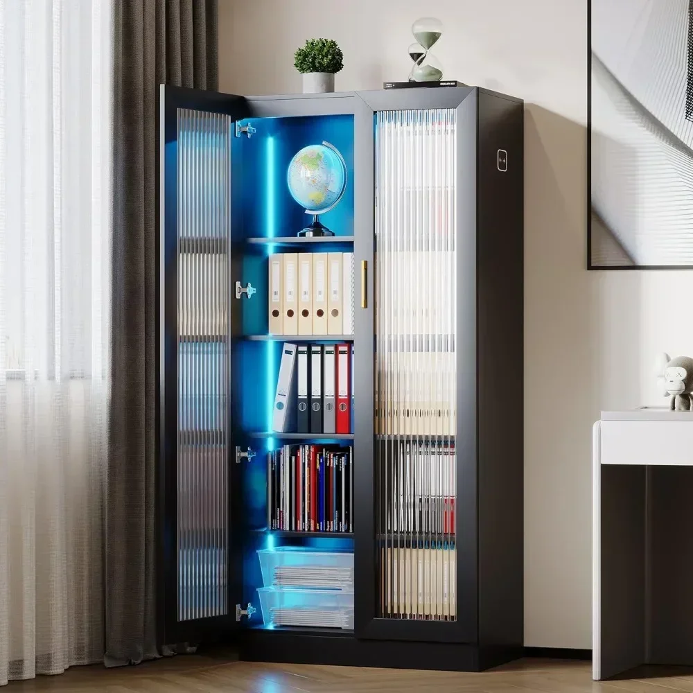 Glasdisplay mit LED-Leuchten, Kuriositätenschrank mit 2 Türen und hohem Bücherregal, modernes Bücherregal, Glasdisplay für die Küche