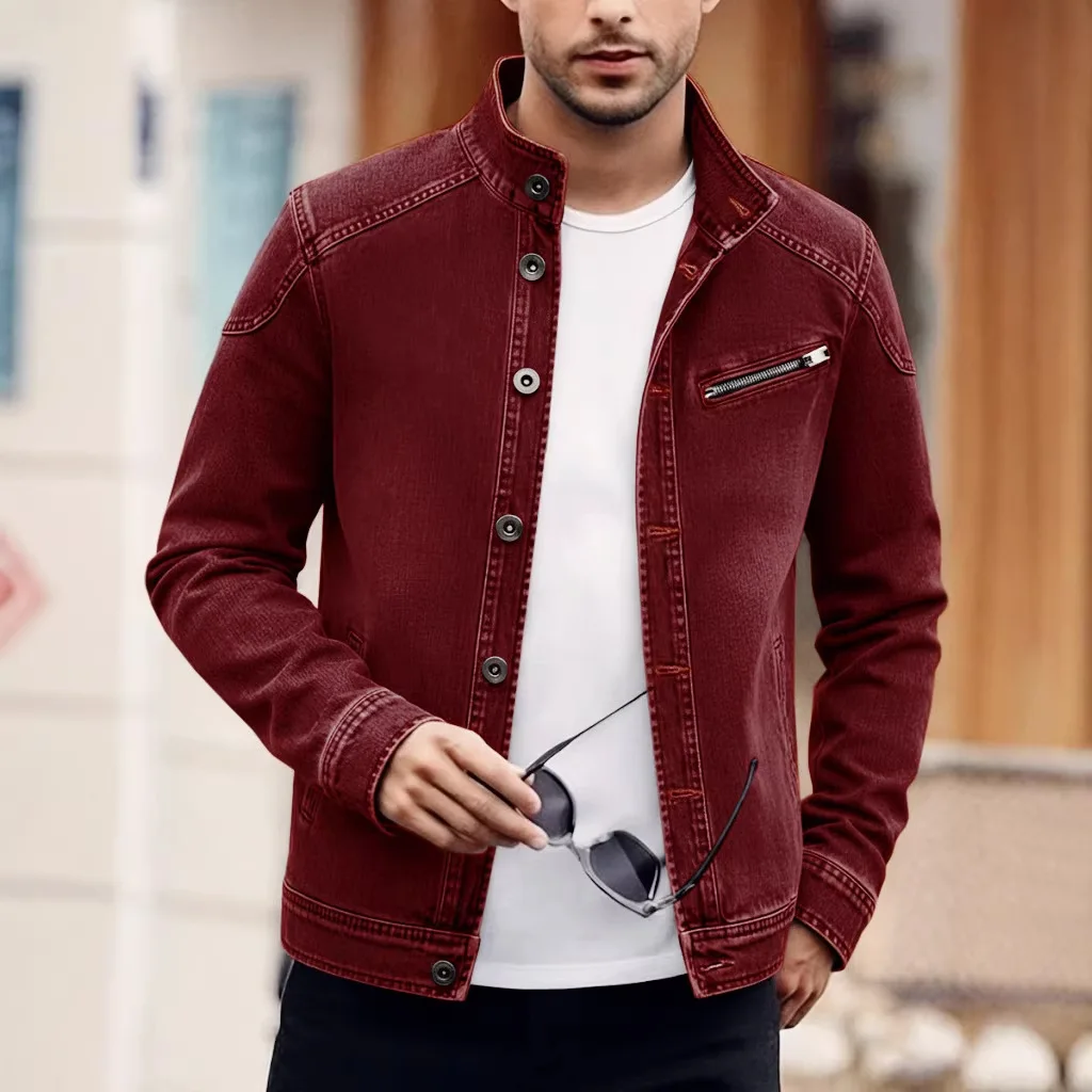 

Новая весенне-осенняя джинсовая куртка для мужчин с воротником-стойкой, мотоциклетная куртка, высококачественная модная верхняя одежда, мужская уличная повседневная куртка