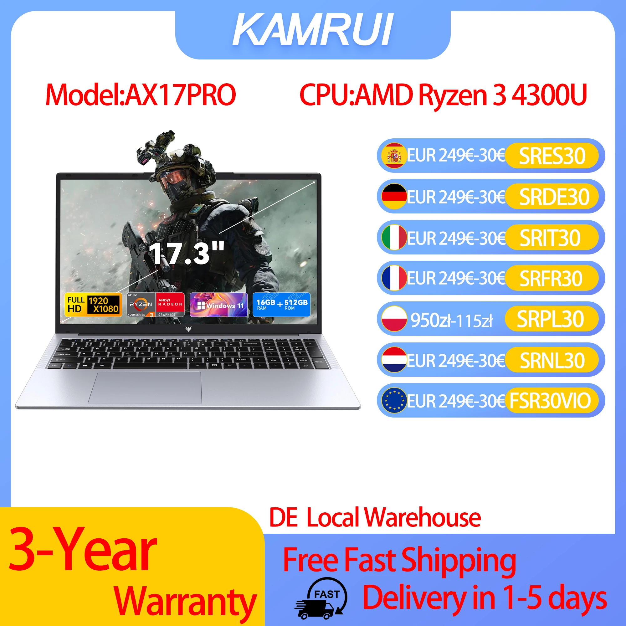 KAMRUI 17.3 Laptop AMD Ryzen 3 4300U 16GB DDR4 RAM 512GB SSD Lekki laptop biznesowy Windows 11 Pro Ordenadores Portátiles