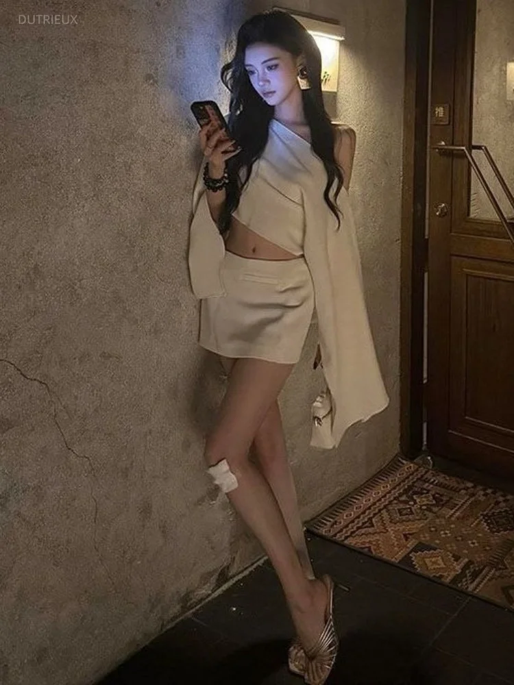 Y2k Aesthetic Two Piece Sets Autumn Sexy Skew Collar Cropped Pleated T-shirt + Grunge Zipper Mini Skirts Female Streetwear Suit