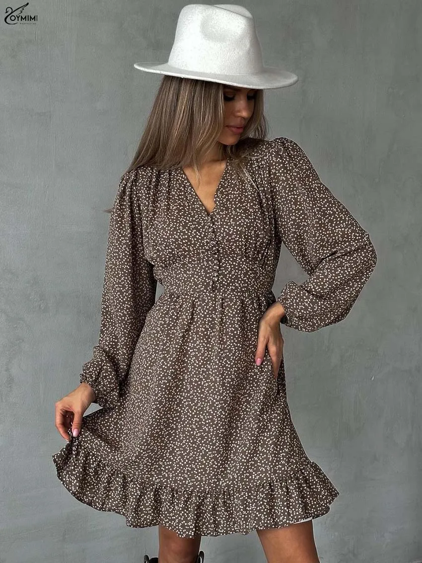 

Oymimi Casual Brown Print Dresses 2025 Woman Fashion V-Neck Long Sleeve Button Dresses Autumn High Waisted Pleated Mini Dress