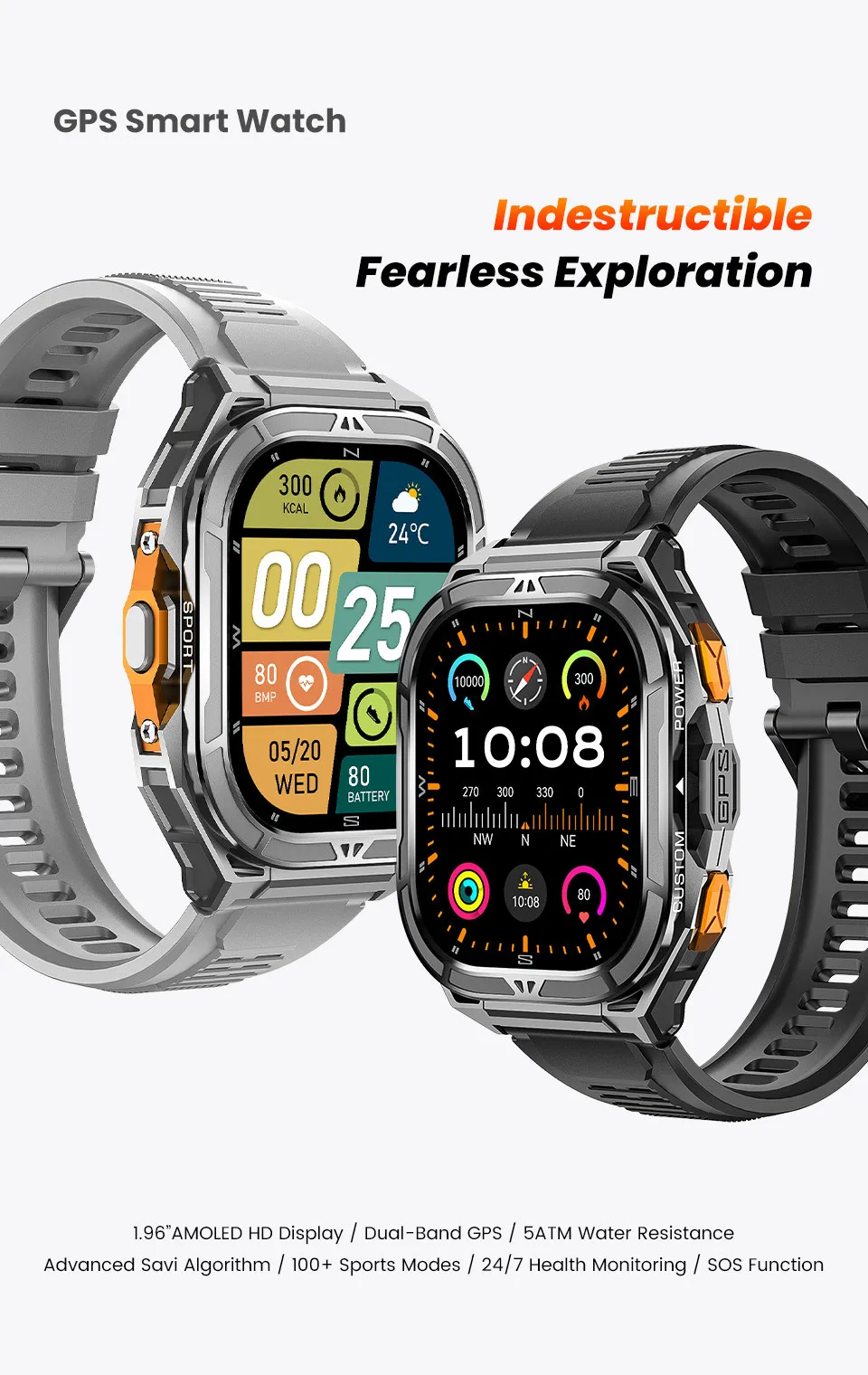 X5 Dual-band GPS Sport Smart Uhr Männer 1,96 Zoll AMOLED Kompass 5ATM Wasserdichte Gesundheits Überwachung Outdoor Militär smartwatch