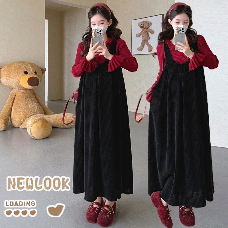 Maternity Autumn Outfit 2025 New Style French Red Long Sleeve Base Shirt and Black Elegant Camisole Dress Two Piece Set