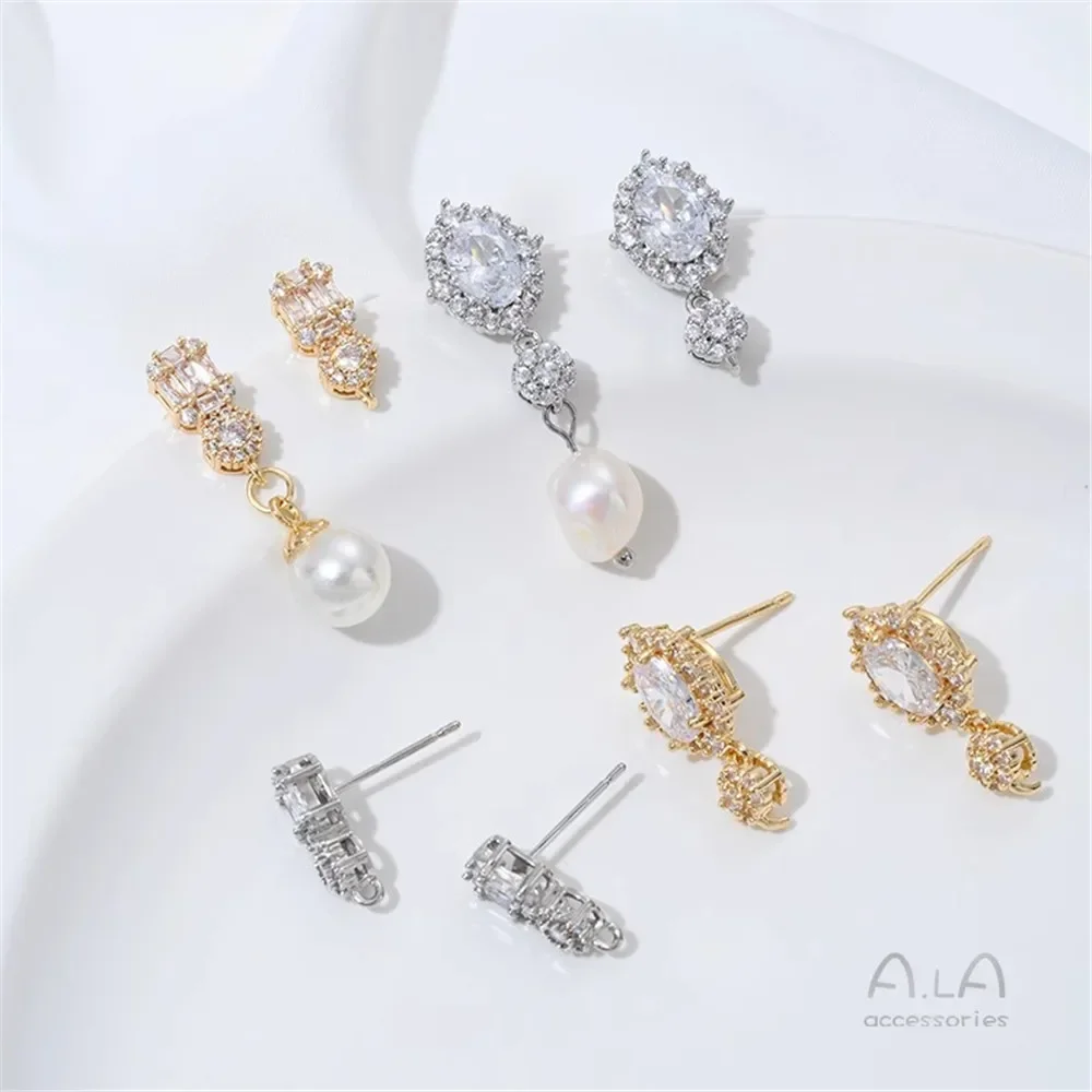 

R600 Diy Crystal Pearl Earrings Accessories with 14K Micro-inlaid Zircon Gold-encrusted Silver Needle Stud Earrings