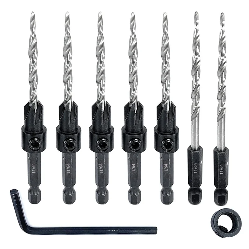 5Pcs Wood Countersink Drill Bit Set with 2Pcs Counter Sinker Replacement Tapered Drill Bit for Drilling Pilot Hole