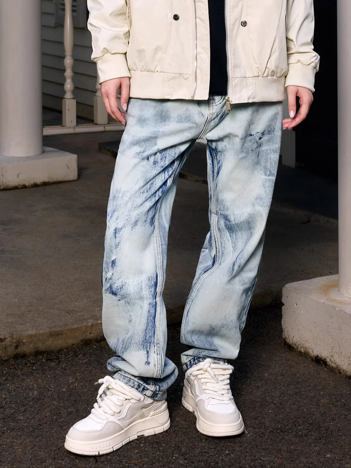 

Джинсы YORAINBOW в американском ретро-стиле, свободные, прямые, на молнии, повседневные, модные, мужские, свободного кроя, с эффектом окрашивания, прямые джинсы