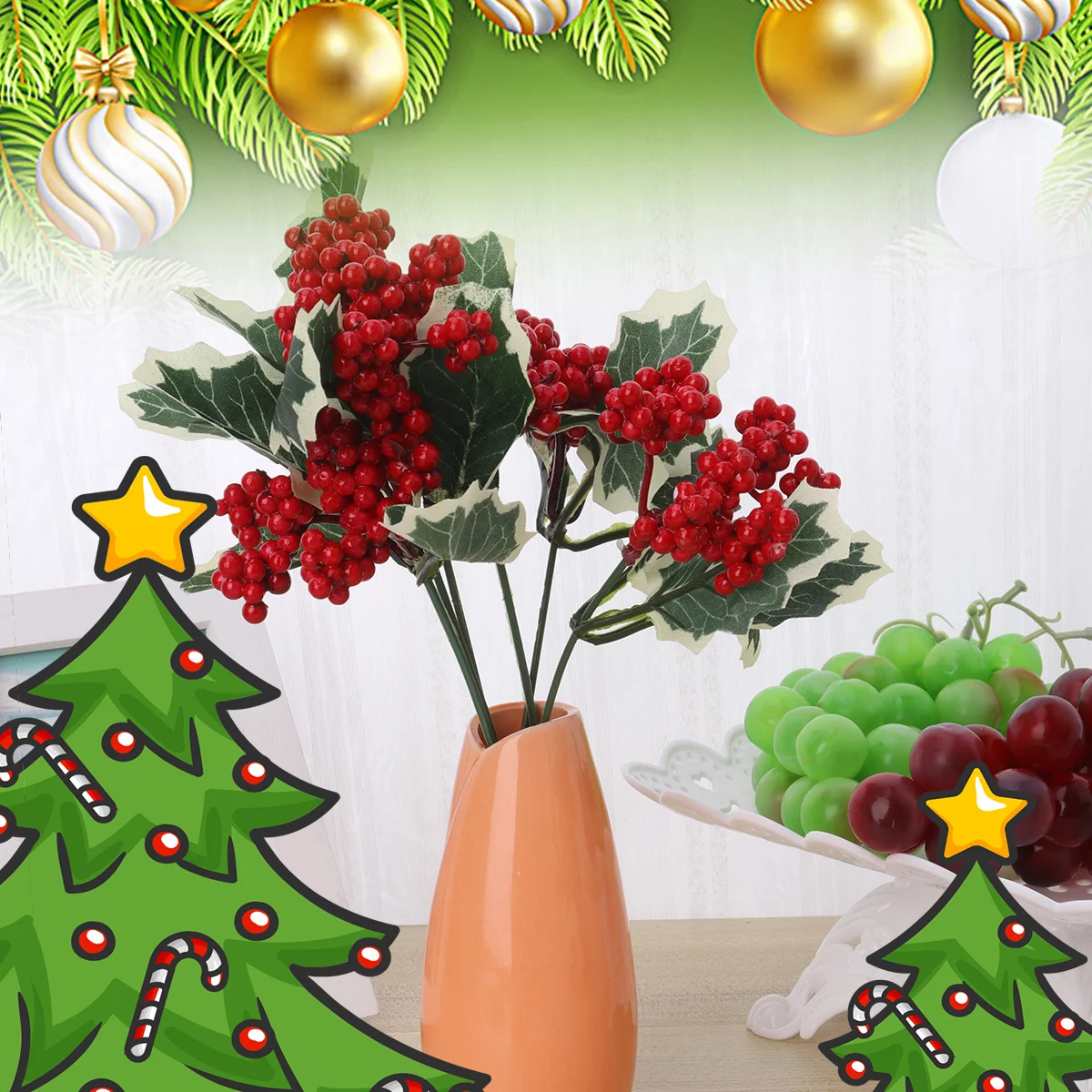 

10Pcs Small Artificial Red Berry Pine Needle Plant Xmas Fake Flower Decorations Lifelike Christmas Tree Scene Set