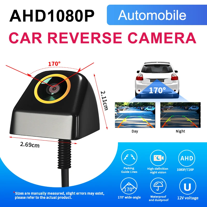 170 °   Câmera de Ré Automotiva Grande Angular AHD CVBS 1080P Full HD com Visão Noturna e Lente Olho de Peixe