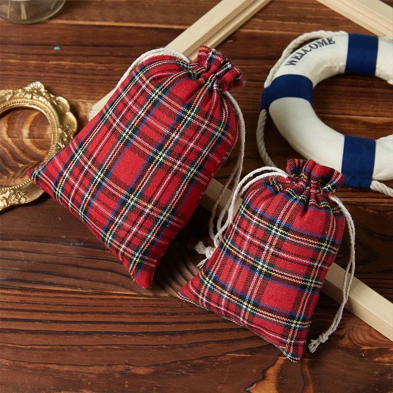Custom. In Stock Red Plaid Cotton Drawstring Bags Candy Bags Packaging Bags