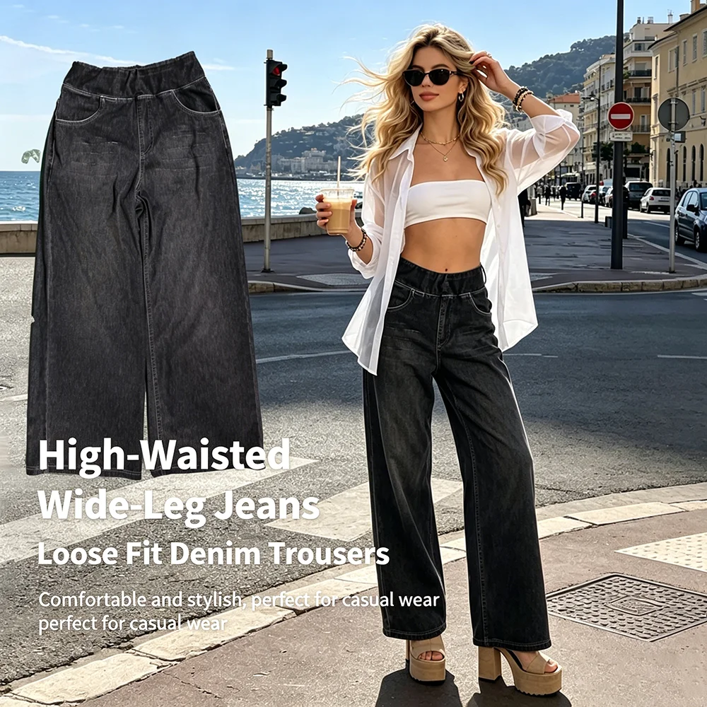 Women's Vintage High Waist Wide Leg Jeans, Elastic Waist Distressed Loose Denim Pants for Casual Daily Vacation Wear