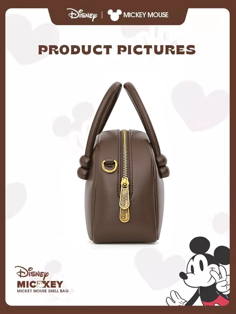 Disney Retro Handbag Cartoon Mickey Badge Crossbody Bag Advanced PU Leather Solid Color Commuting Mini Women Shell Bag