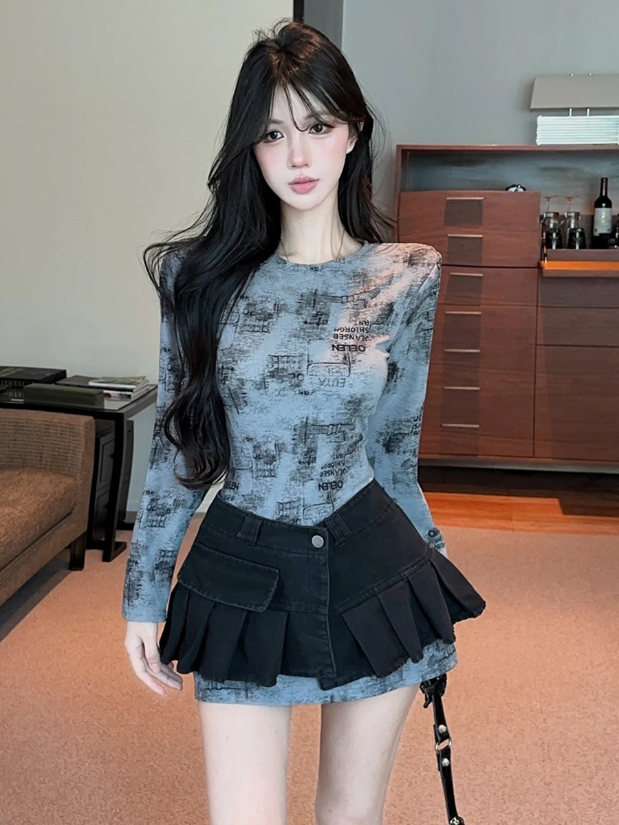 Sexy Spicy Girl Vintage Distressed round Neck Dyed Print Slim Long Sleeve Dress And Skirt Set Breathable mid Weight Unlined