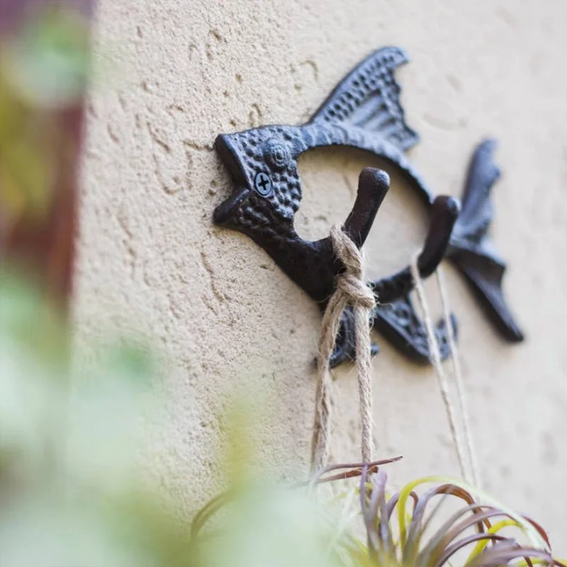 1pc Heavy Duty Iron Flying Fish Hook Creative Wall Mounted Cast Wall Hanger Towel Hooks Home Decor No Screws