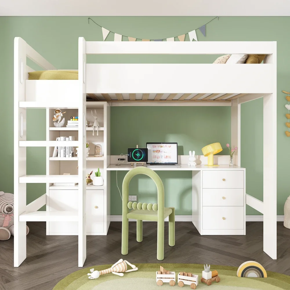 Kinderbett, Hochbett mit USB-C-Schreibtisch, Kleiderschrank, Aktenschrank, Jugend-Einzelbett mit Treppe und Gitter, ohne Matratzenraum – Detail 5