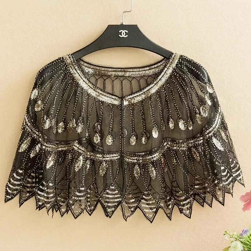 Leaf Shape Ruffle Shawl Elegant Sequin Embroidery Vintage Cape Mesh Short Cardigant Trend Dress Accessories For Party Prom