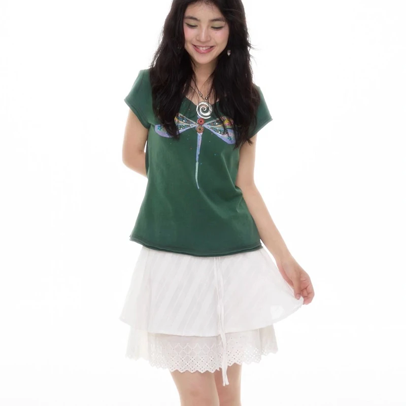 여름 드래곤플라이 스윗 슬림 티 여성 반팔 화이트 롤업 탑 클래식 심플 V넥 하라주쿠 Y2K 캐주얼 티셔츠