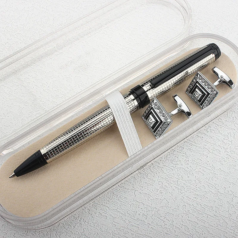 Luxury Suit Metal Ballpoint Pen High Quality Silver Lattice Office School Stationery Writing Smooth Ball Pen