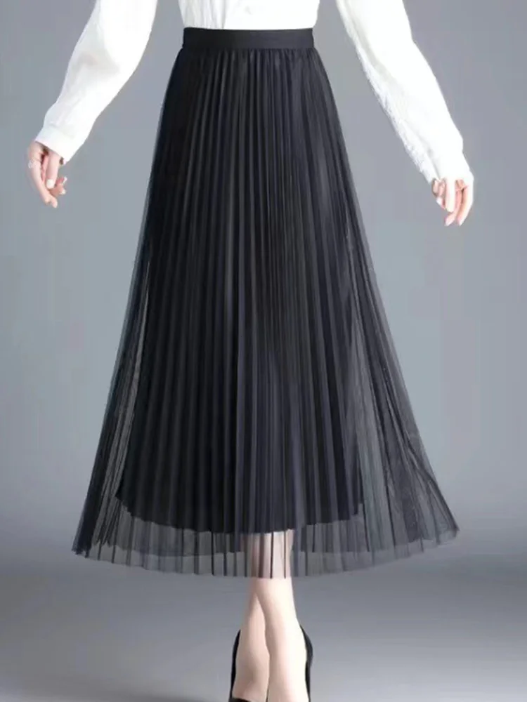 Pleated Midi Long Skirt New Reversible Mesh Stretch Office Female Korean Fashion Casual High Waist