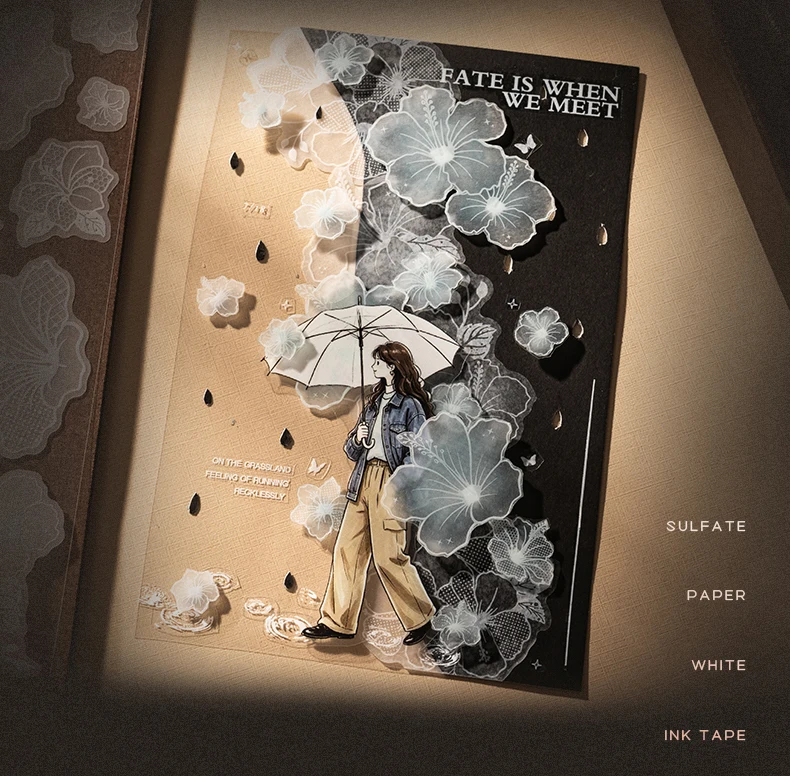 Journal GO 5cmx2m Weißes Blumen-Klebeband mit Tintenmuster, Pergamentpapierband für Journaling, Scrapbooking, Planer, Basteln, Papierwaren – Detail 4
