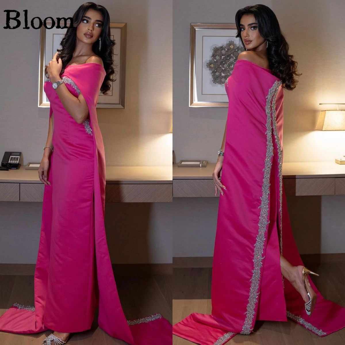 

Bloom Arabia Cloak Fashion Formal Evening Dresses 2024 Silver Appliques Off Shoulder Fuchsia Prom Dresses Wedding Party Dress