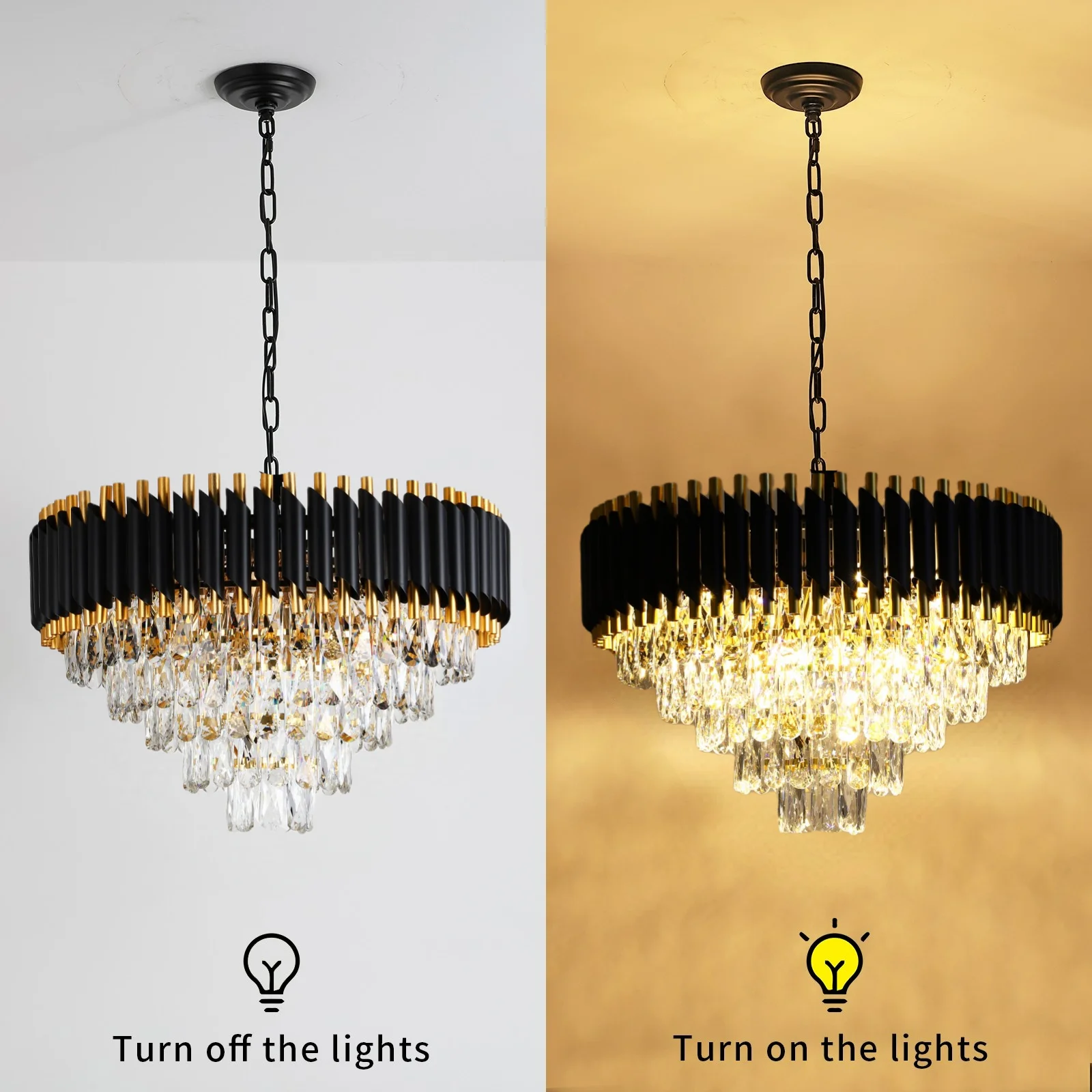 Modern Crystal Chandeliers 5-Tier K9 Round Black and GoldCrystal Chandeliers Light Fixture 12 Lights