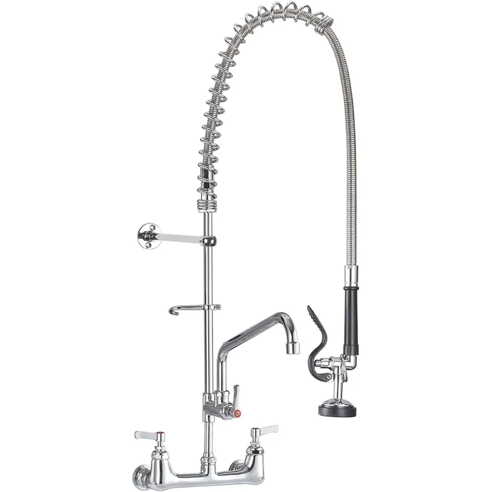

8 Inch Wall-Mounted Commercial Sink Faucet with Pre-Rinse Sprayer and 47 Inch Reach