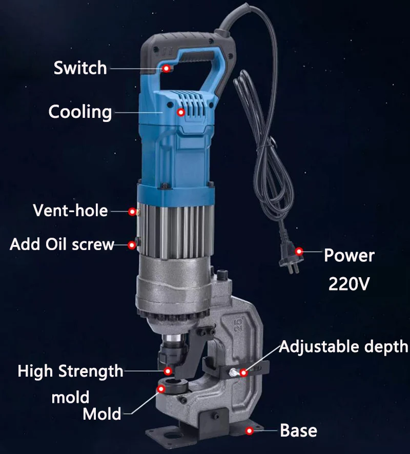Máquina de perfuração hidráulica elétrica de 10mm de espessura, ângulo de canal de aço, abertura de buraco de cobre/alumínio/ferro/perfurador de placa de aço