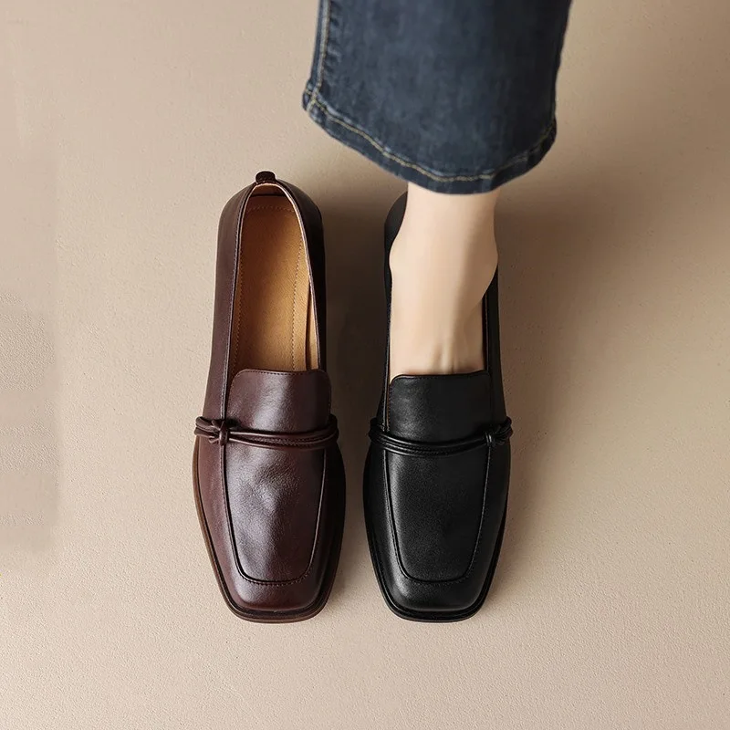 

Классические лоферы, женские туфли-лодочки из натуральной коровьей кожи с квадратным носком, женская повседневная удобная обувь без шнуровки в стиле ретро, ручная работа