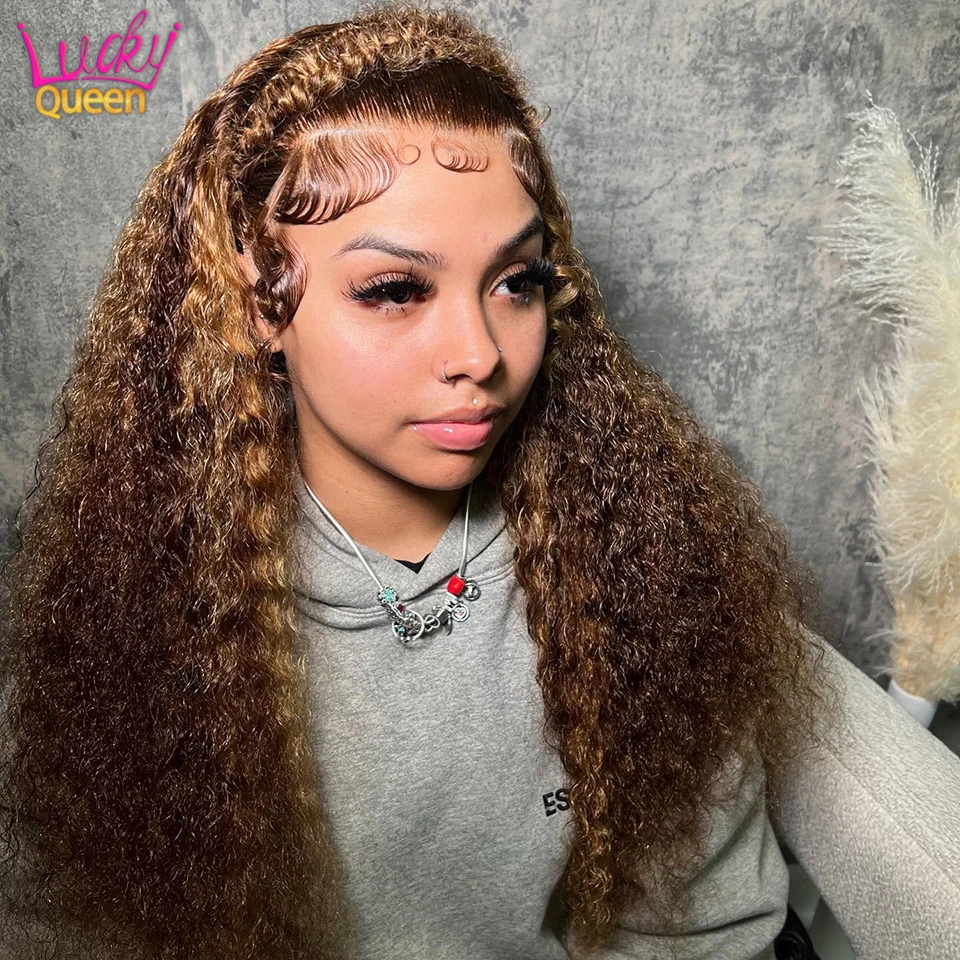 13x6 Highlight Lace Front Wig Human Hair 4/27 Ombre Curly Lace Front Wig Pre Plucked With Baby Hair 180% Density Human Hair